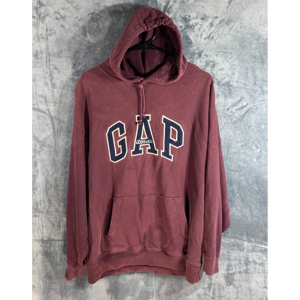 Vintage Gap Athletic Hoodie Mens Medium Burgundy Spellout Street Fade Fleece USA